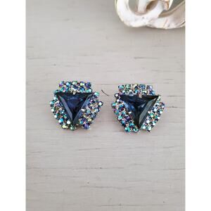 Vintage 1980s Blue AB Rhinestone Clip On Earrings